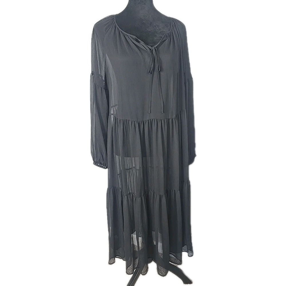Banana Republic Swing Tiered Midi Sheer Dress L Black Whimsigoth Beach Resort